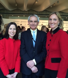 Olivia Loadwick (left) and Cassandra Kelly with Australian Ambassador to France Ric Wells